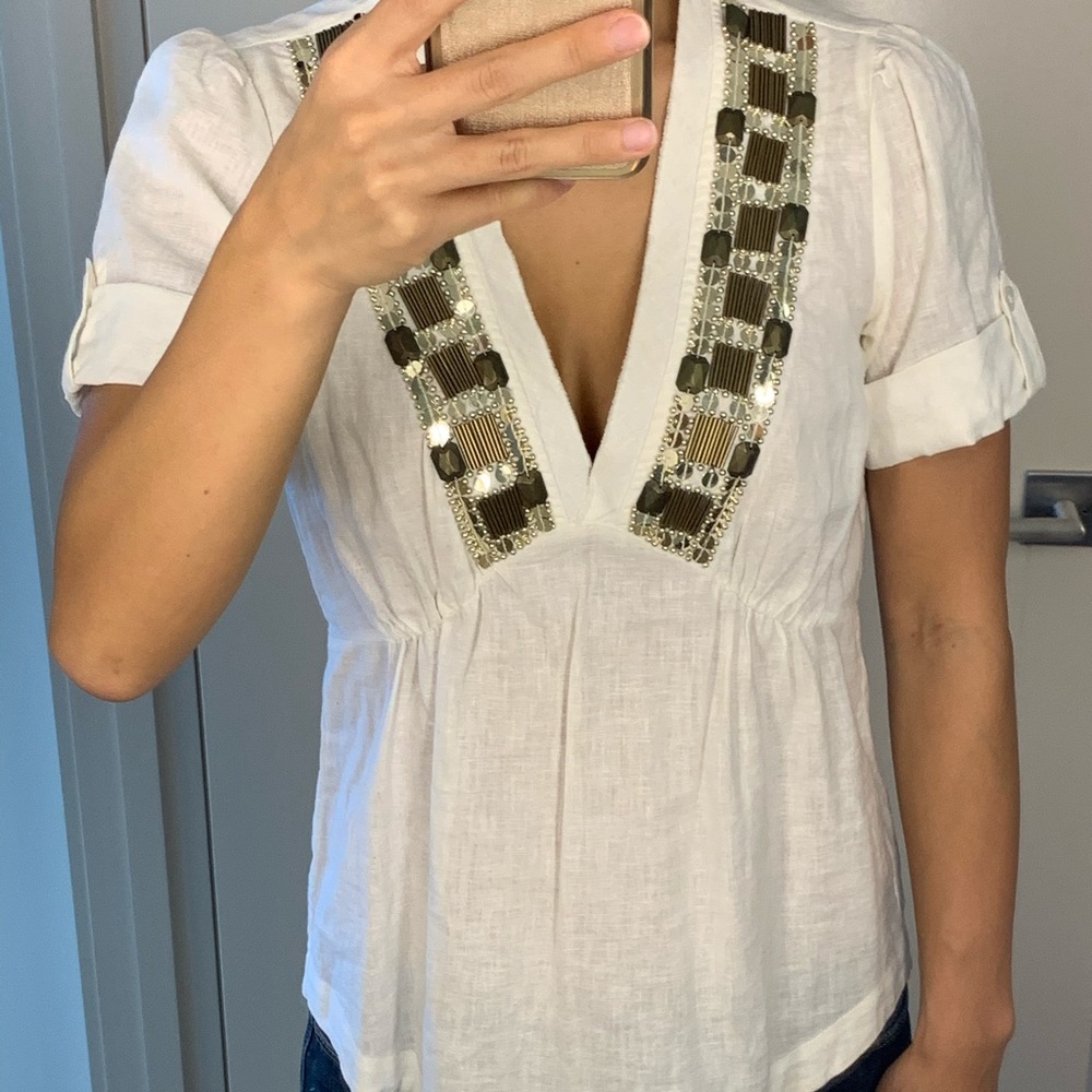 Banana Republic White Beaded Linen Top XS